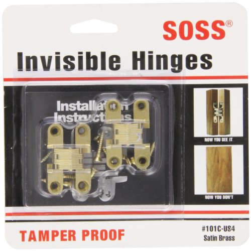 SOSS - 101CUS4 Mortise Mount Invisible Hinges with 4 Holes, Zinc, Satin Brass Finish, 1-11/16" Leaf Height, 3/8" Leaf Width, 29/64" Leaf Thickness, 5 x 3/4" Screw Size (1 Pair)